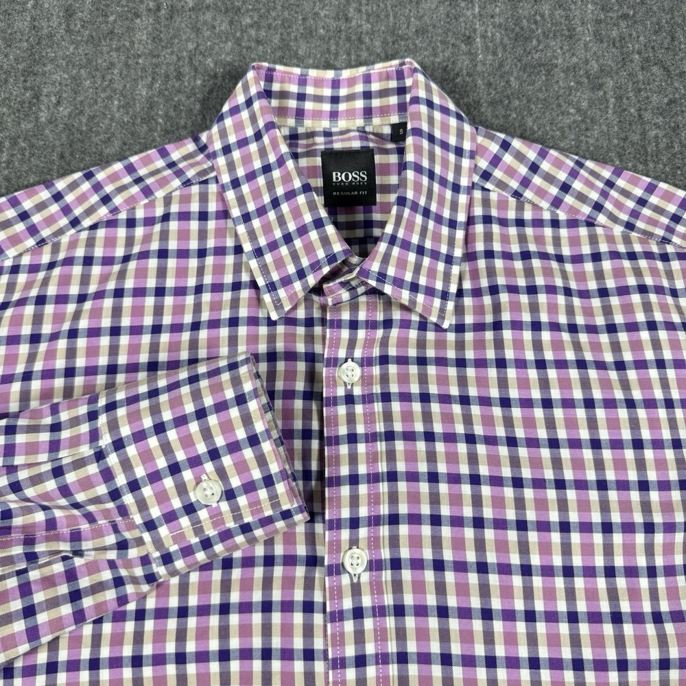BOSS Hugo Boss Men's S Regular Fit Purple Pink Plaid Check 100% Cotton Shirt